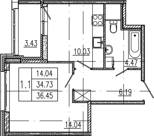 1-комнатная, 34.73 м²– 2
