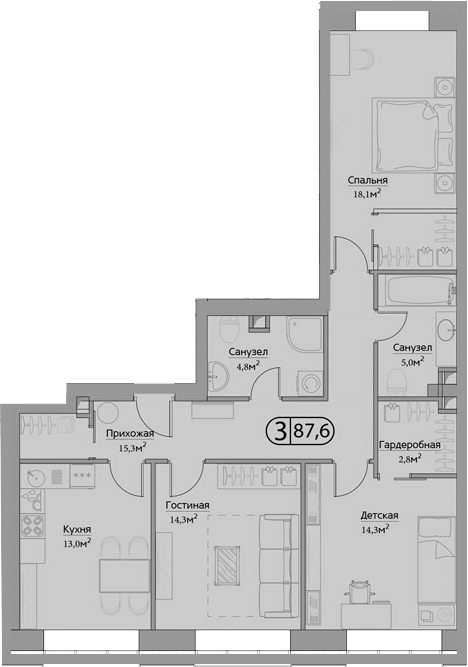 3-комнатная, 87.6 м²– 2