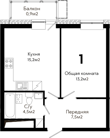 1-к.кв, 41.3 м²