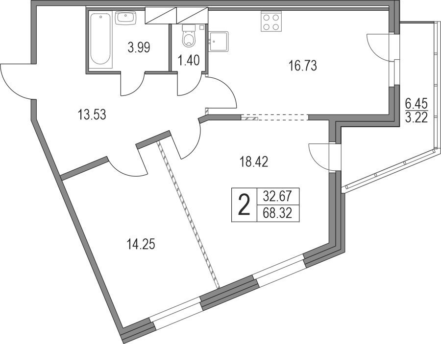 3Е-комнатная, 68.32 м²– 2