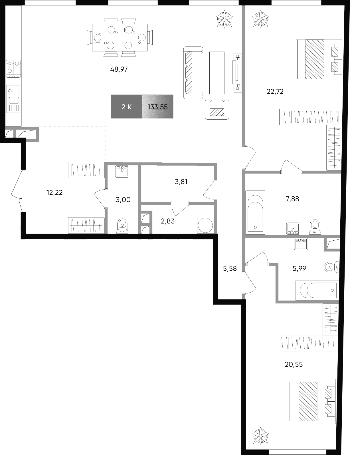 3Е-комнатная, 133.55 м²– 2