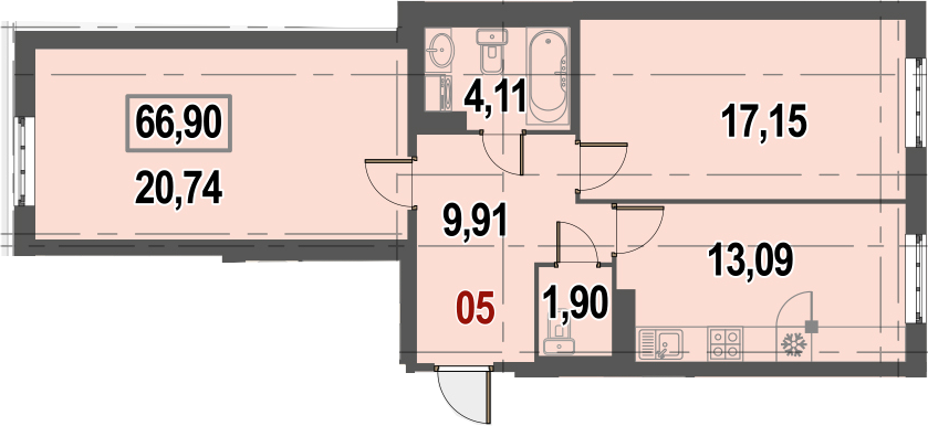 2-комнатная, 66.9 м²– 2