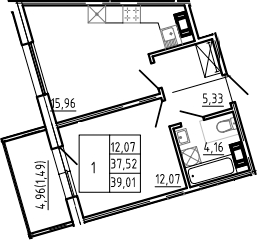 2Е-комнатная, 39.01 м²– 2