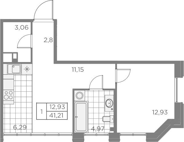 2Е-комнатная, 41.21 м²– 2