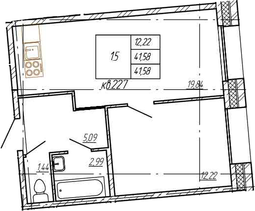 2Е-комнатная, 41.58 м²– 2