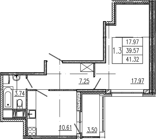 1-комнатная, 39.57 м²– 2
