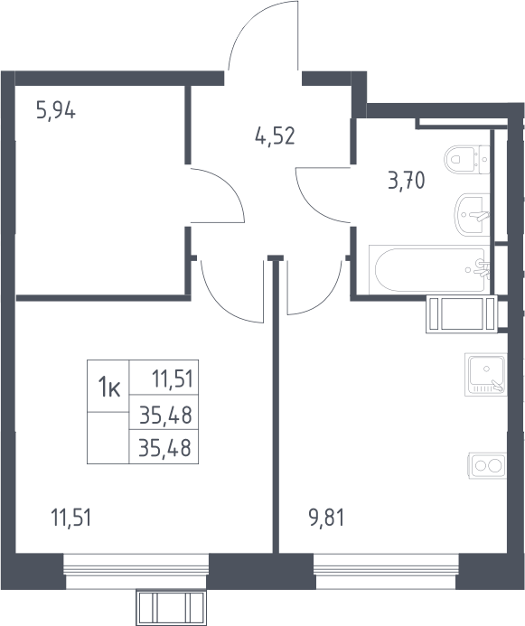 1-комнатная, 35.48 м²– 2