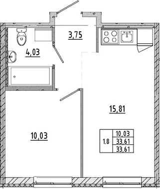 2Е-комнатная, 33.61 м²– 2