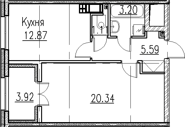 1-комнатная, 43.11 м²– 2