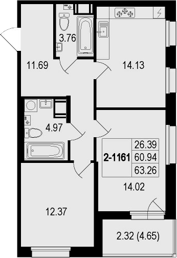 2-комнатная, 63.26 м²– 2