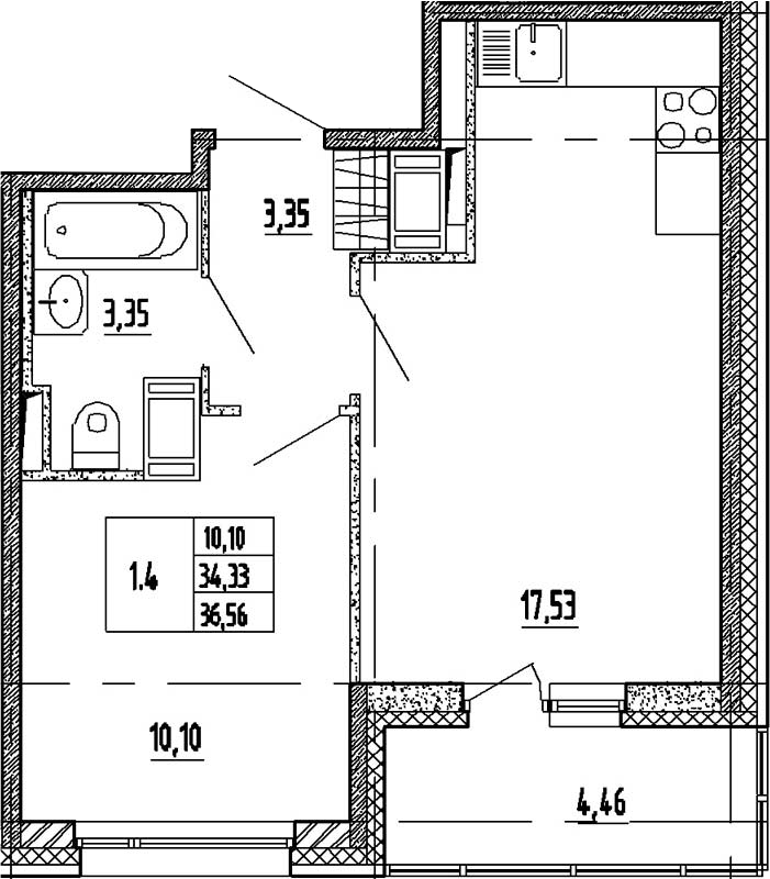 2Е-комнатная, 34.33 м²– 2