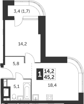 1-комнатная, 45.2 м²– 2