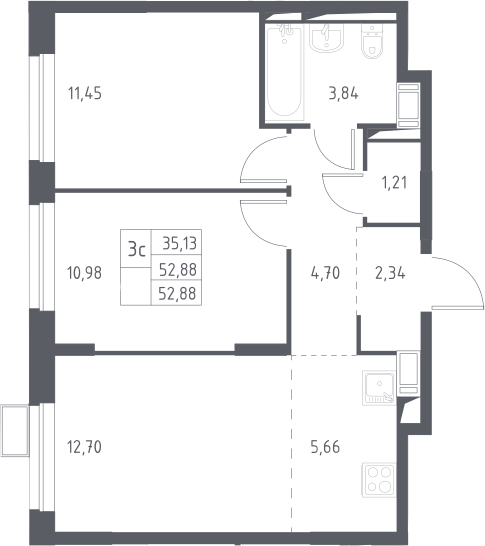 3Е-к.кв, 52.88 м², 16 этаж