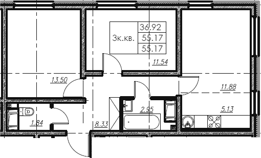 3Е-комнатная, 55.17 м²– 2
