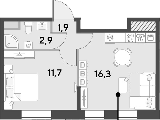 2Е-комнатная, 32.8 м²– 2