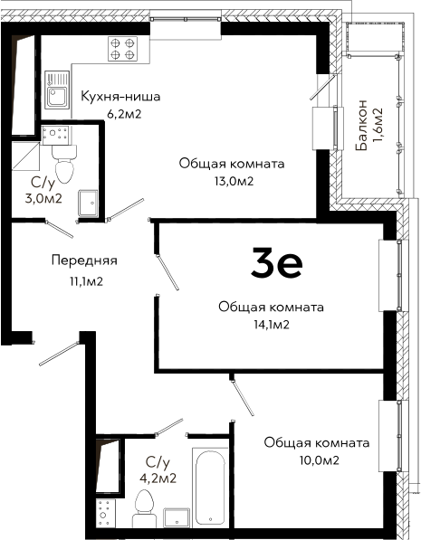 3Е-к.кв, 63.2 м²