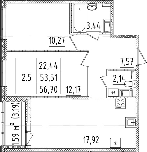3Е-комнатная, 53.51 м²– 2