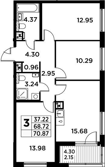 4Е-комнатная, 70.87 м²– 2