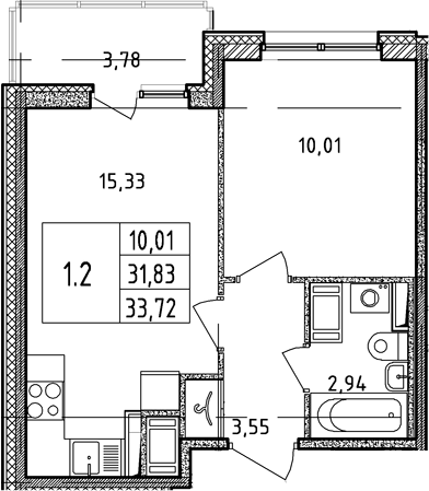 2Е-комнатная, 31.83 м²– 2
