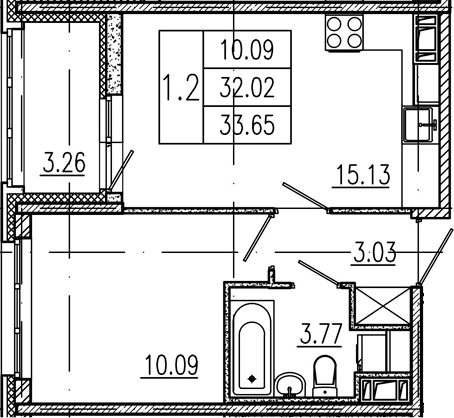 2Е-комнатная, 32.02 м²– 2