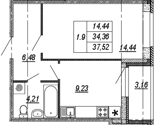 1-комнатная, 34.36 м²– 2