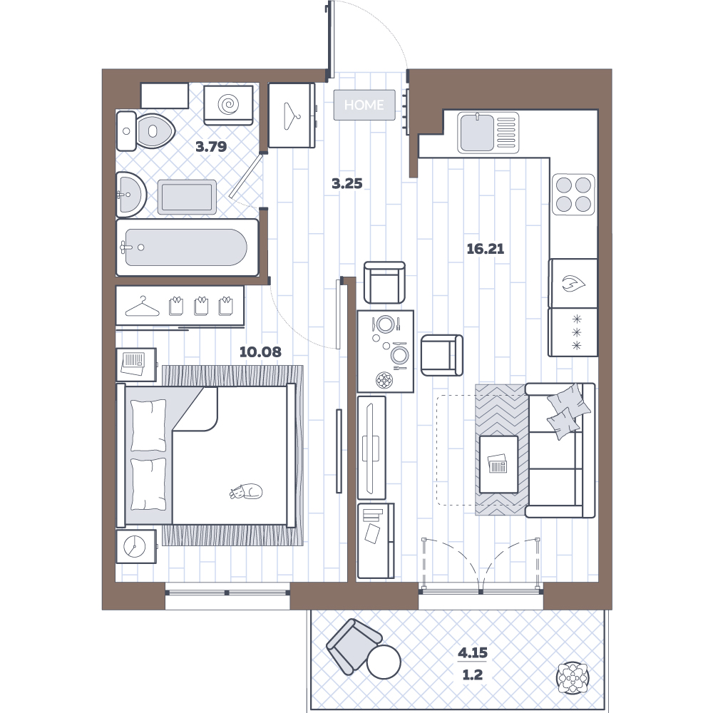 2Е-комнатная, 34.53 м²– 2