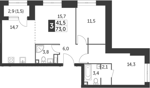 3Е-комнатная, 73 м²– 2