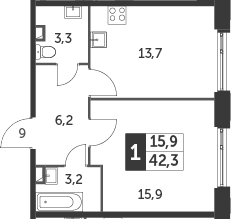 1-комнатная, 42.3 м²– 2