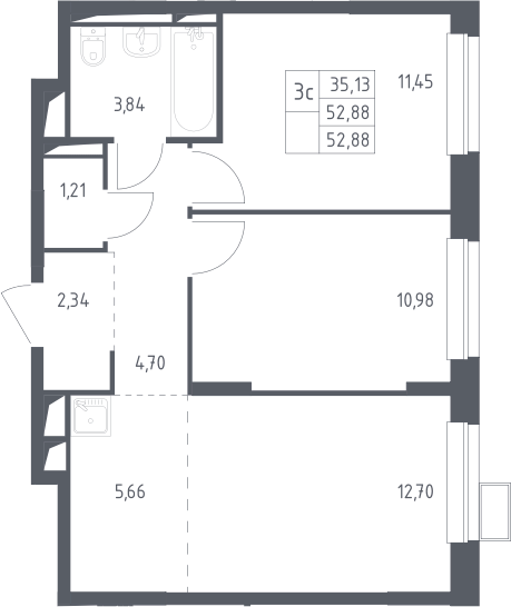 3Е-комнатная, 52.88 м²– 2