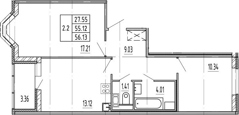2-комнатная, 55.12 м²– 2