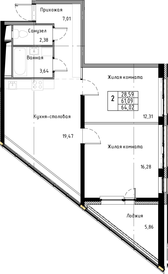 3Е-комнатная, 64.02 м²– 2