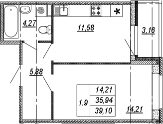 1-комнатная, 35.94 м²– 2