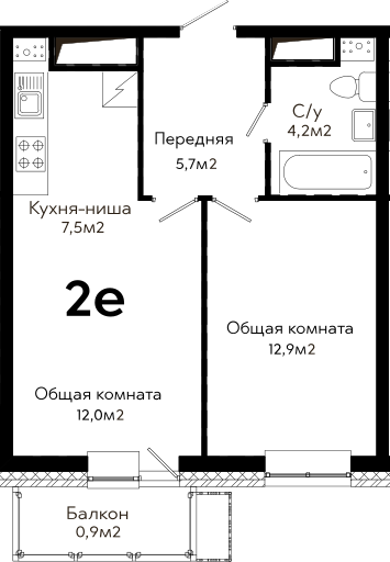 2Е-к.кв, 43.2 м²