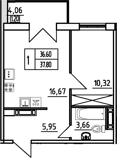 1-комнатная, 37.8 м²– 2