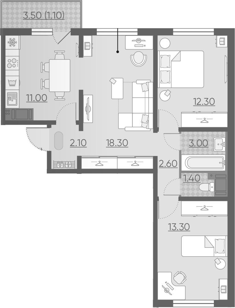 3-к.кв, 65.1 м², 3 этаж