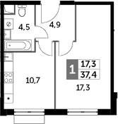 1-комнатная, 37.4 м²– 2