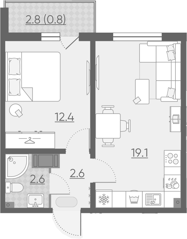 2Е-к.кв, 37.5 м², от 3 этажа