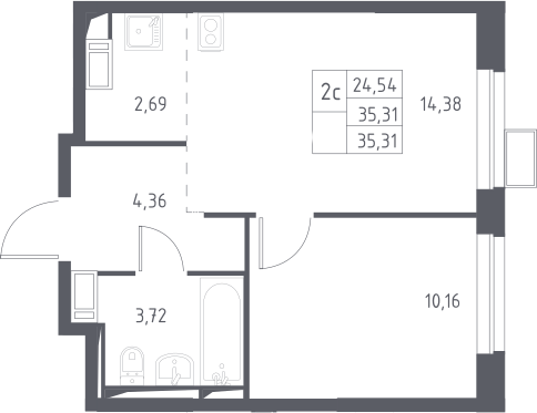 2Е-комнатная, 35.31 м²– 2
