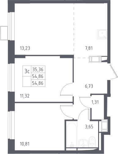 3Е-комнатная, 54.86 м²– 2