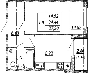 1-комнатная, 34.44 м²– 2