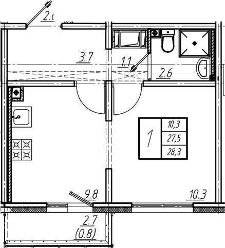 1-комнатная, 28.3 м²– 2
