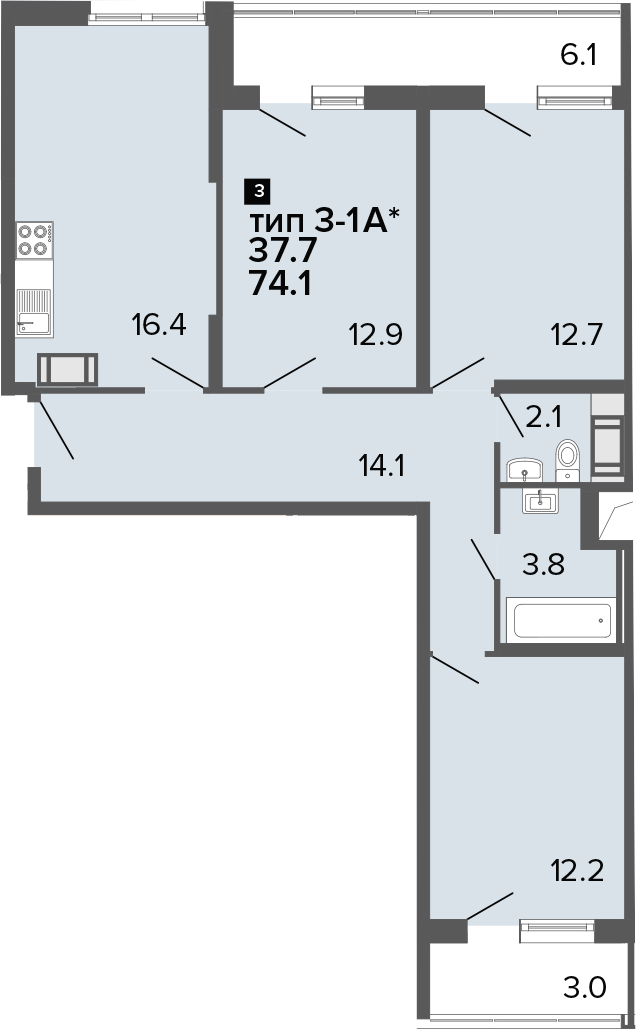 4Е-комнатная, 74.1 м²– 2