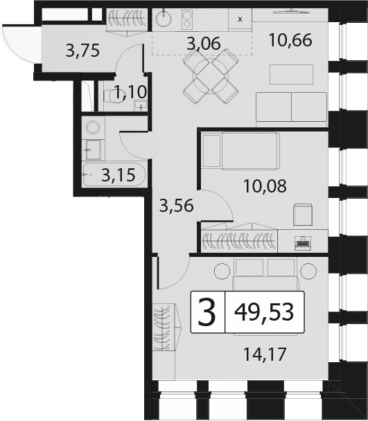 3Е-комнатная, 49.53 м²– 2