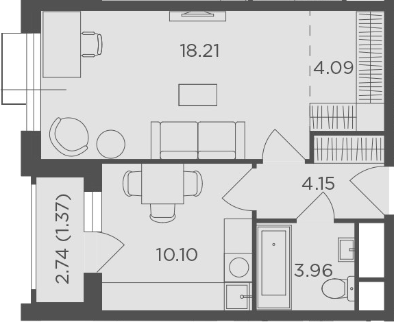 1-комнатная, 41.88 м²– 2