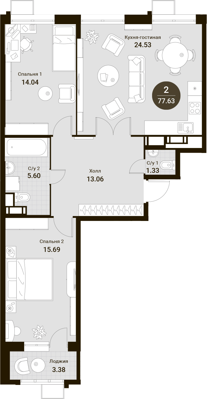 3Е-комнатная, 77.63 м²– 2