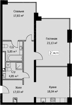 2-комнатная, 86.73 м²– 2