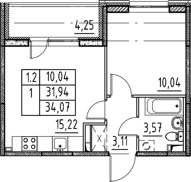 2Е-комнатная, 31.94 м²– 2