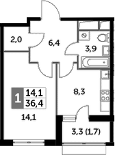 1-комнатная, 36.4 м²– 2