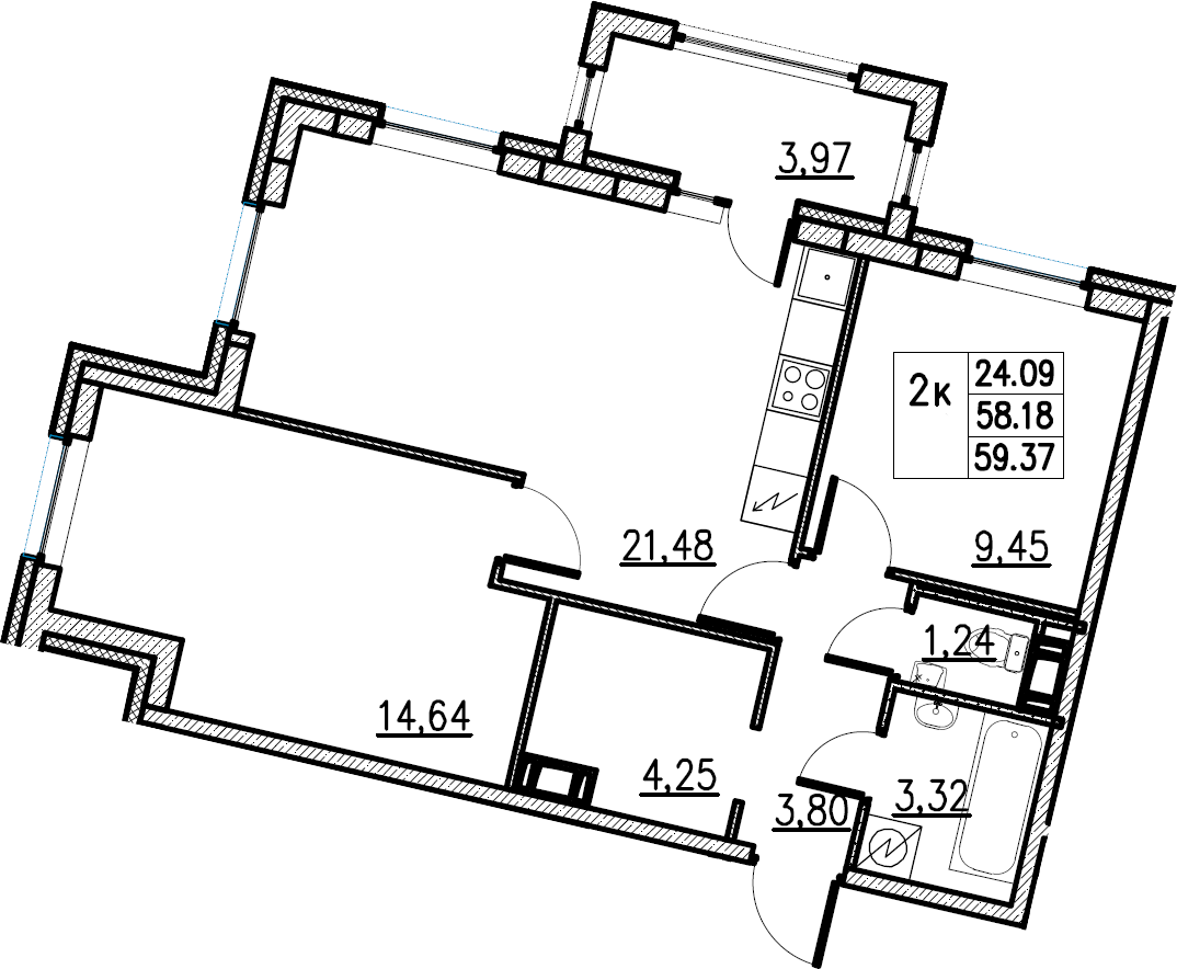 3Е-комнатная, 59.37 м²– 2