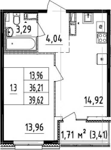 2Е-комнатная, 36.21 м²– 2